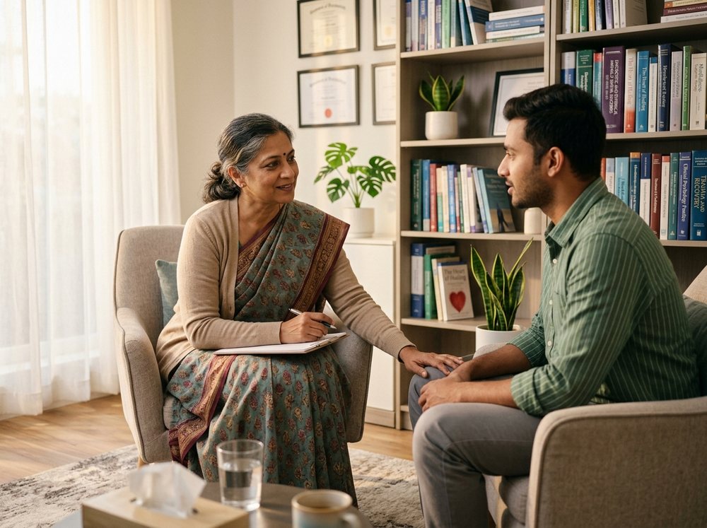A Gnanam Foundation counsellor in a warm, one-to-one conversation with a client